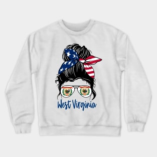 West Virginia girl Messy bun , American Girl , West Virginia Flag Crewneck Sweatshirt